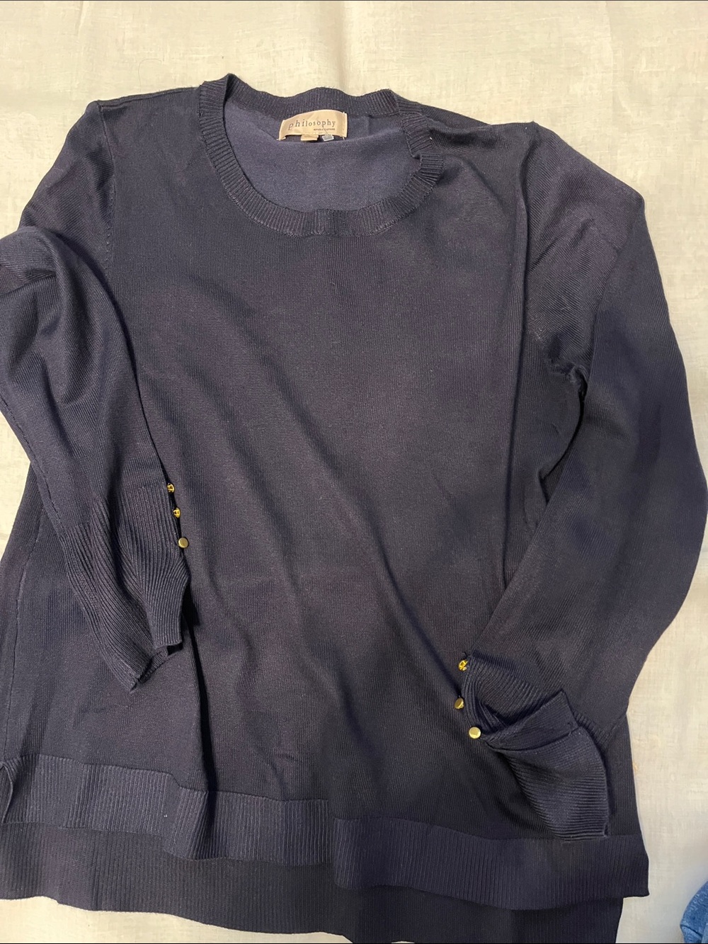 Philosophy navy crewneck sweater with gold-tone cuff buttons